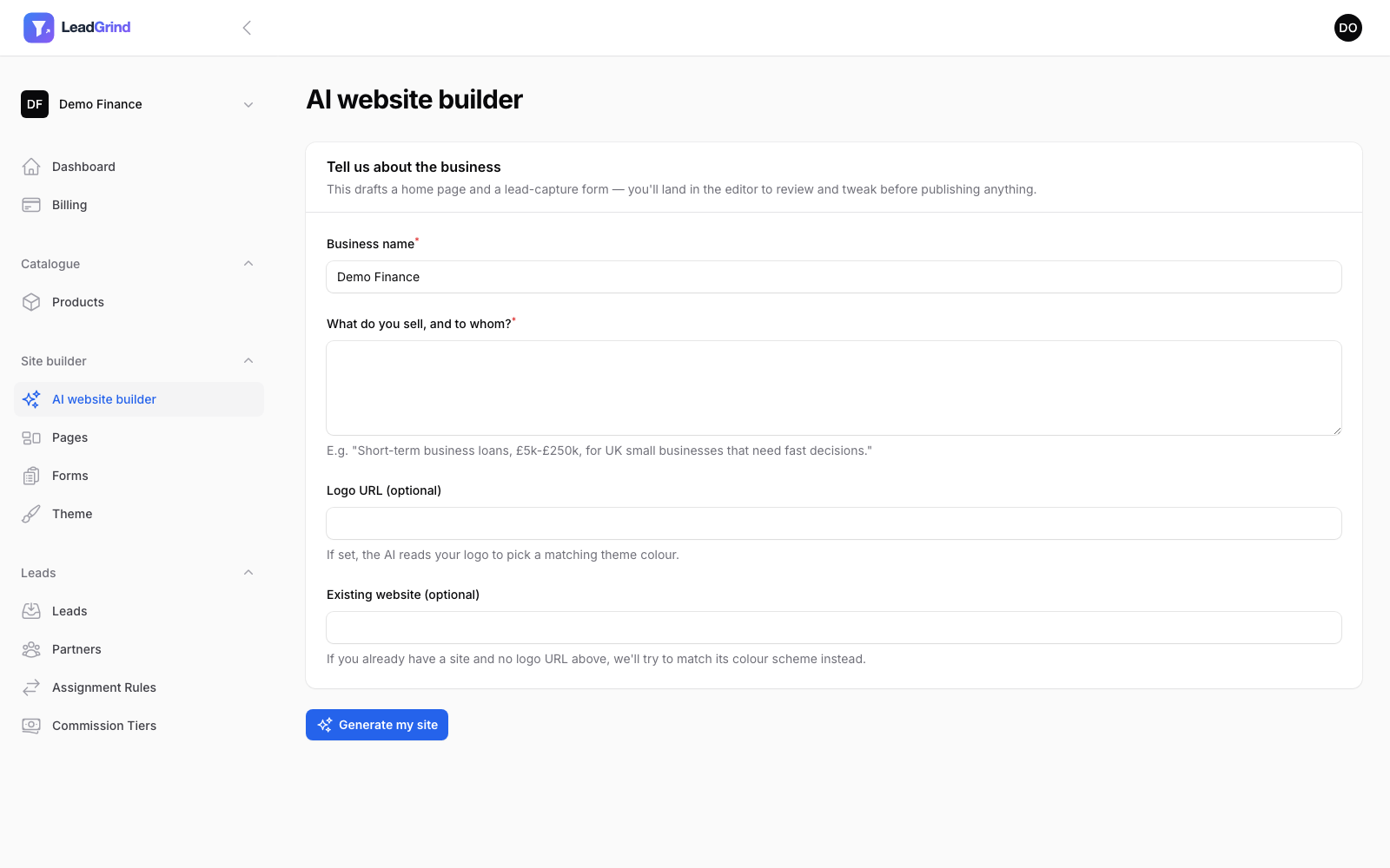 The AI website builder form: business name, description, logo URL and existing website fields