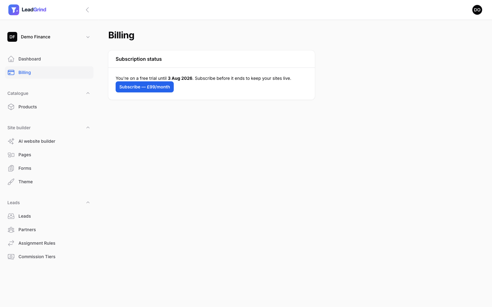 The Billing page, showing trial status and a Subscribe button