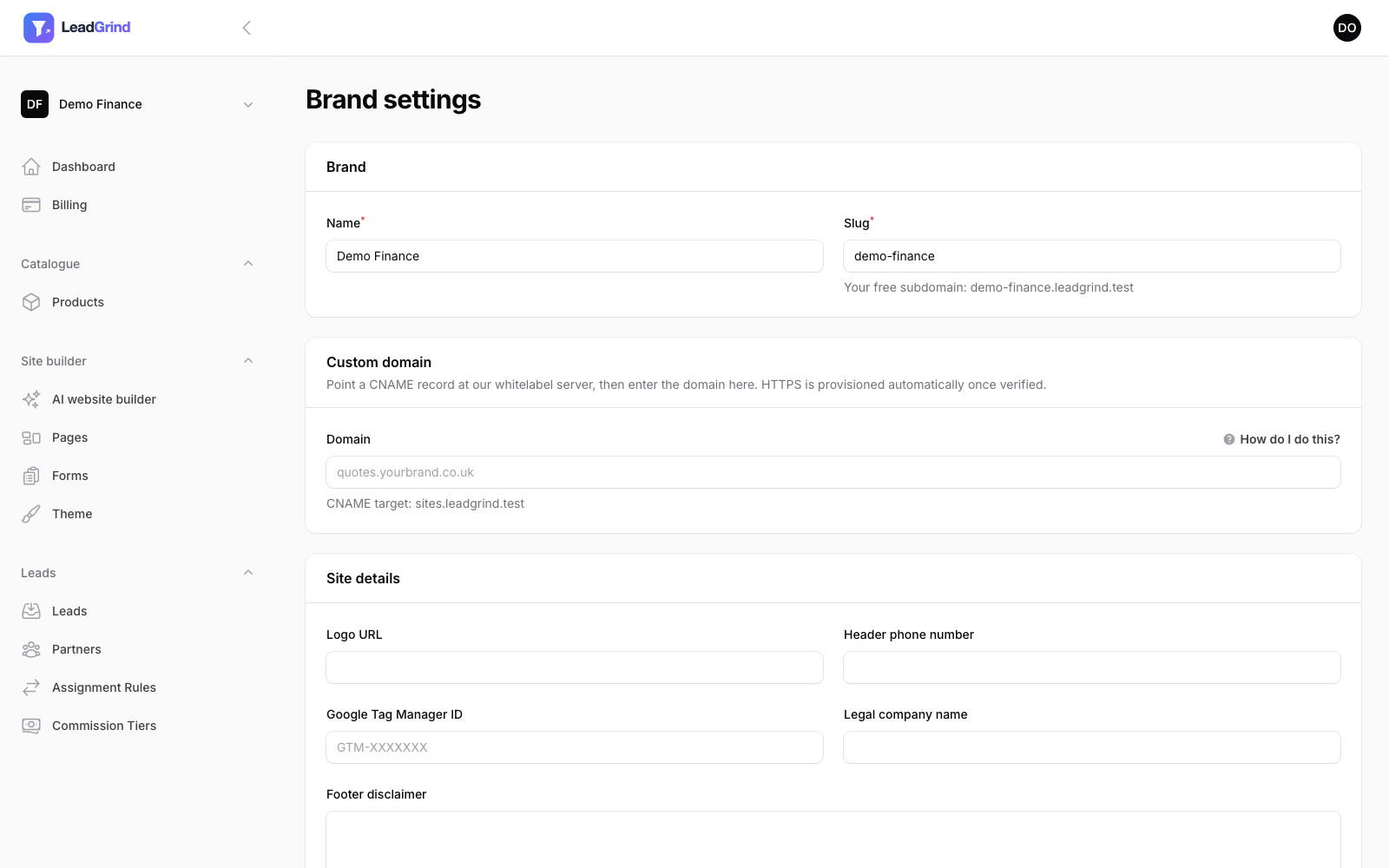 Brand settings, showing the subdomain and custom domain fields