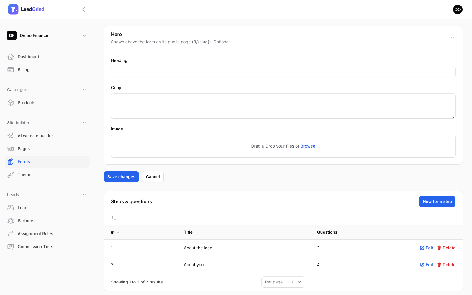The Steps & questions builder, showing two steps with their question counts