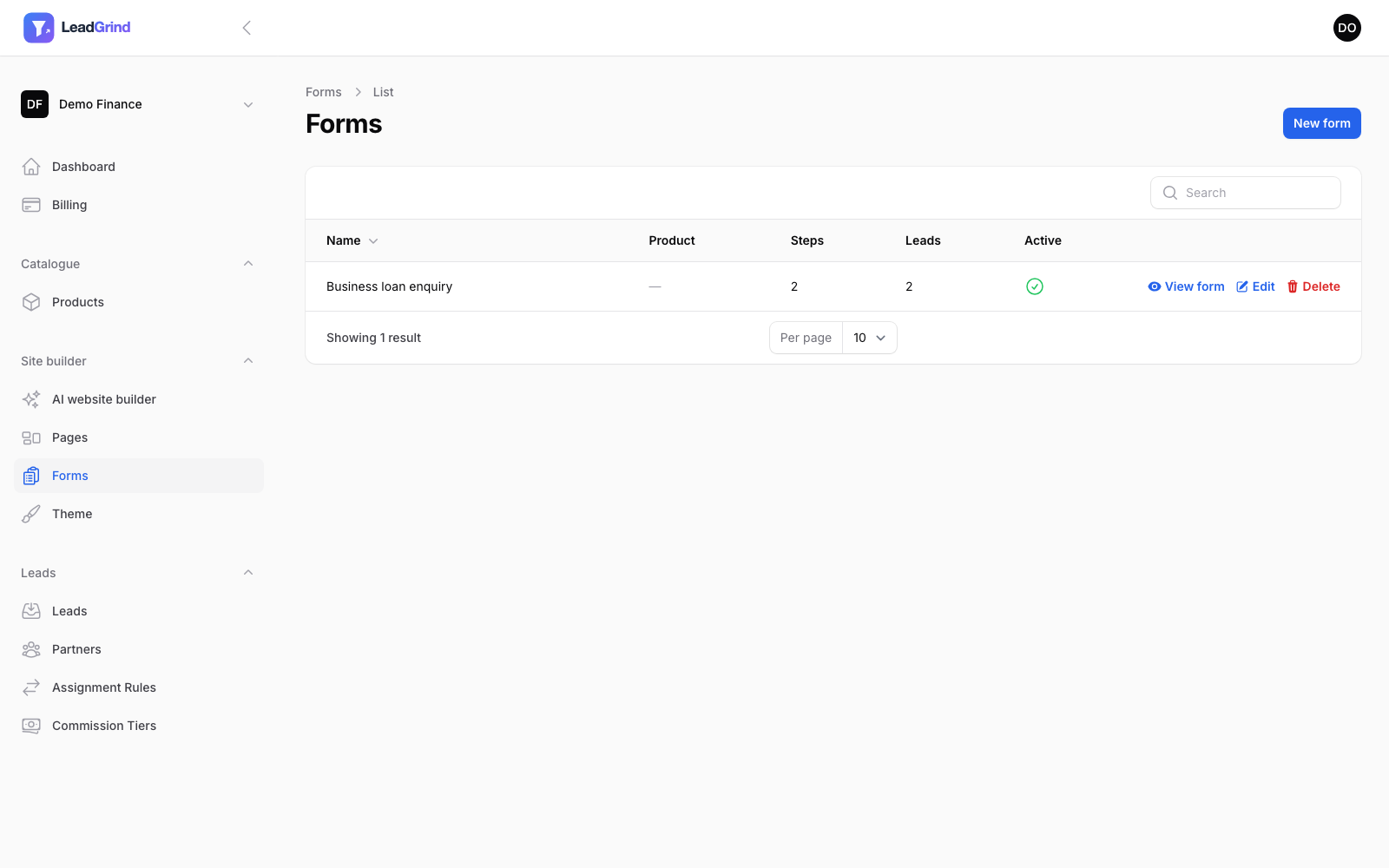 The Forms list, showing existing forms with step and lead counts