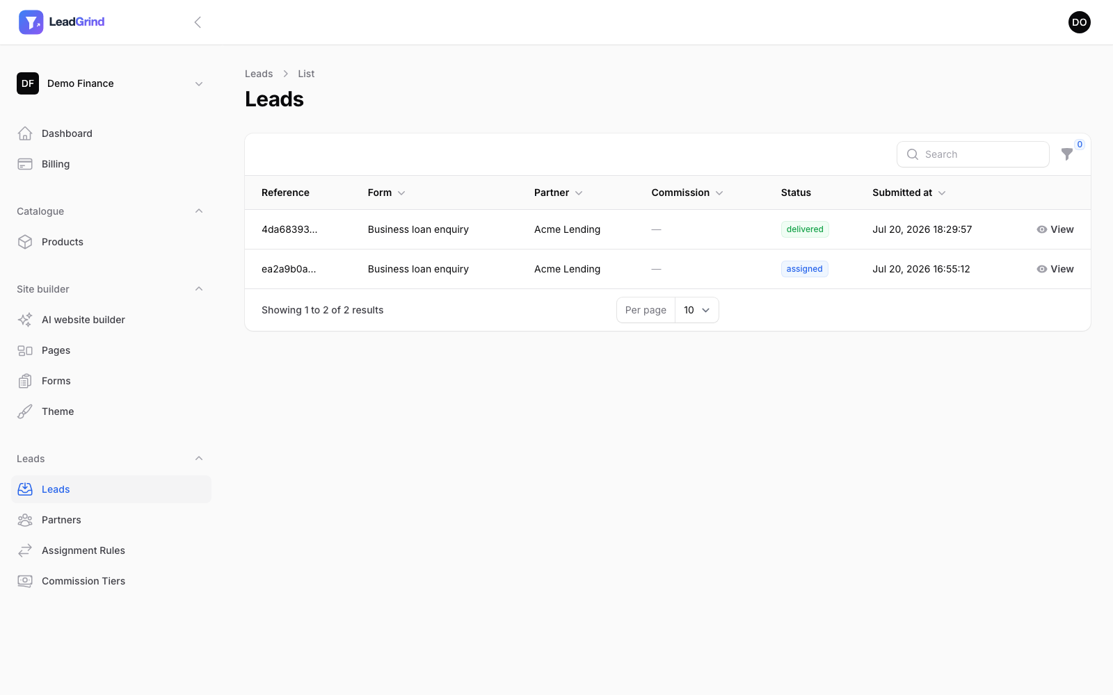 The Leads list, showing reference, form, partner, commission, status and submitted date