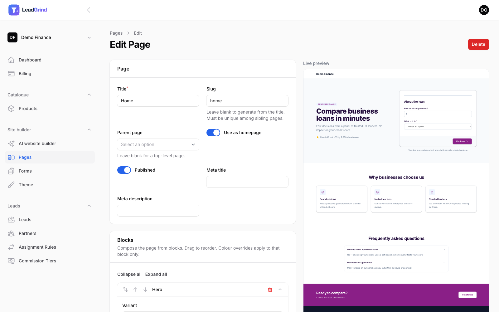 The page editor with the Blocks builder on the left and a live preview on the right