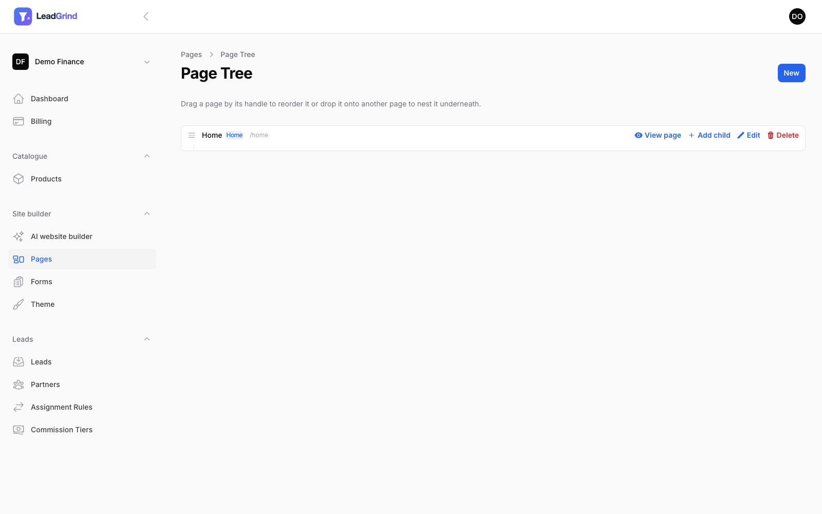 The page tree, showing draft and homepage pages with drag-to-reorder handles