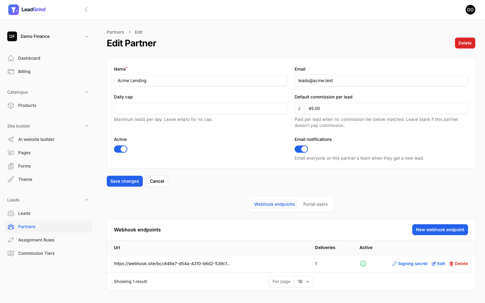 Editing a partner: daily cap, default commission, active/email-notification toggles, and delivery tabs