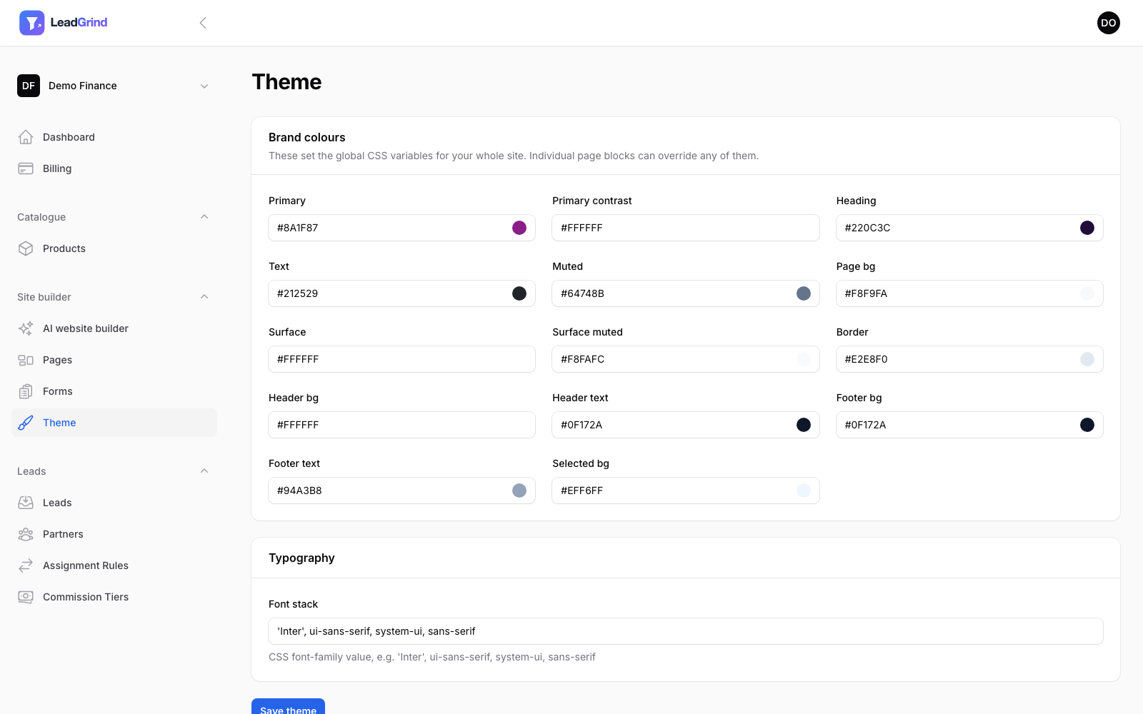 The Theme settings page, showing brand colour pickers grouped by role
